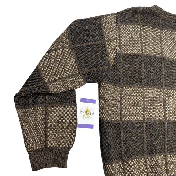 David Taylor Mens XXL Brown Pullover Sweater Knitted Checkerboard Crew Neck 90s - Picture 8 of 16